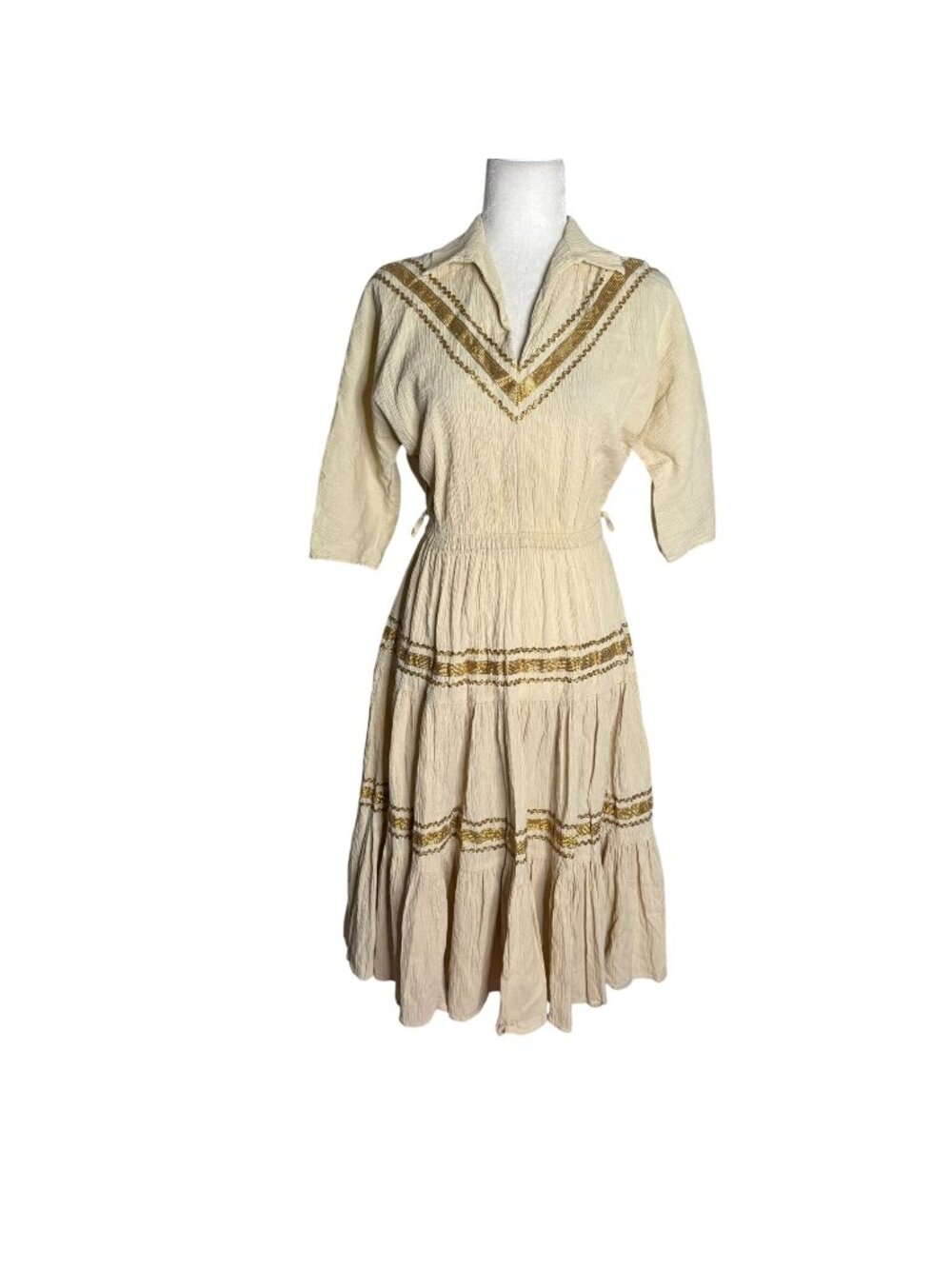 Vintage 50s Patio Dress Small Cream Gold 3/4 Sleeves Collared Elastic Waist